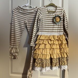 Mustard Pie dress and ruffle bottom leggings, size 4T, beige, yellow